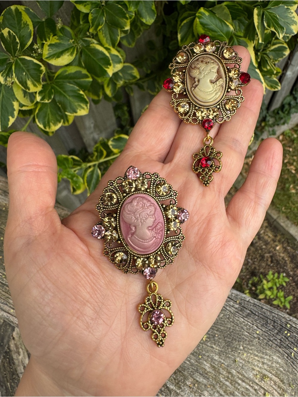 Pink and Gold Cameo Filigree Brooch Pair